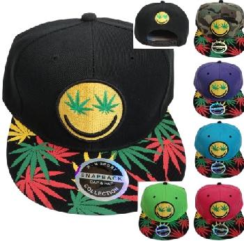 Snap Back Flat Bill Hat[Smiley Face/Leaf Eyes] Screen Print Bill