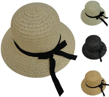 Ladies Round Woven Summer Hat w Long Ribbon