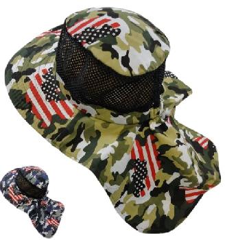 Cotton Boonie Hat with Cloth Flap [Mesh] *Army Camo/Flag Print