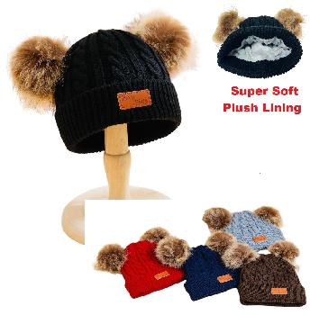 Child's Plush-Lined Knit Hat with Double Faux Fur PomPoms