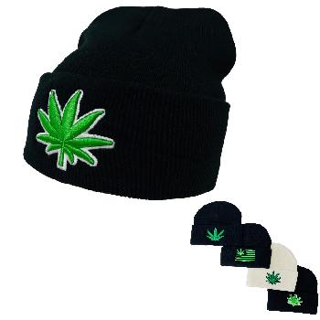 Knitted Cuffed Hat [Embroidered Marijuana] *Black/White Hats