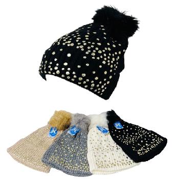 Ladies Knitted Pompom Hat [Gold Studs]