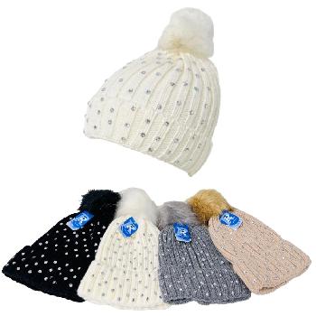 Ladies Knitted Pompom Hat [Rhinestones]