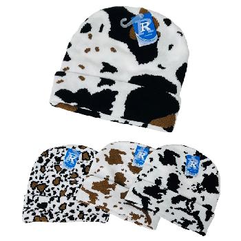 Cow-Print Knitted Cuffed Hat [Adult Size]