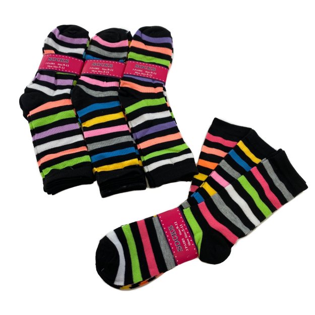 3pr Ladies Crew Socks 9-11 [Multi-Color Wide Stripes]