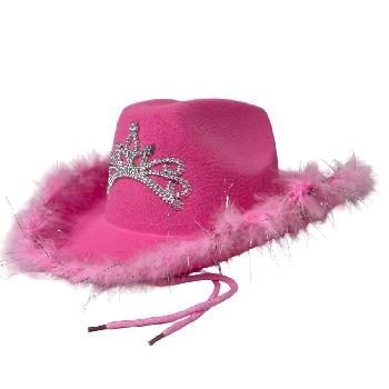 Ladies Felt Cowboy Hat with Tiara and Feather Edge-PINK ONLY