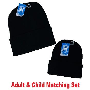 Adult/Child Set: Knitted Cuffed Hat-Black [WN4930-WN82785]